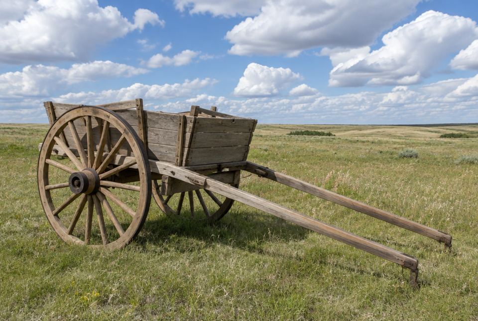 A wooden two-wheeled cart with large spoked wheels and long shafts stands on open prairie grass under a cloudy sky.