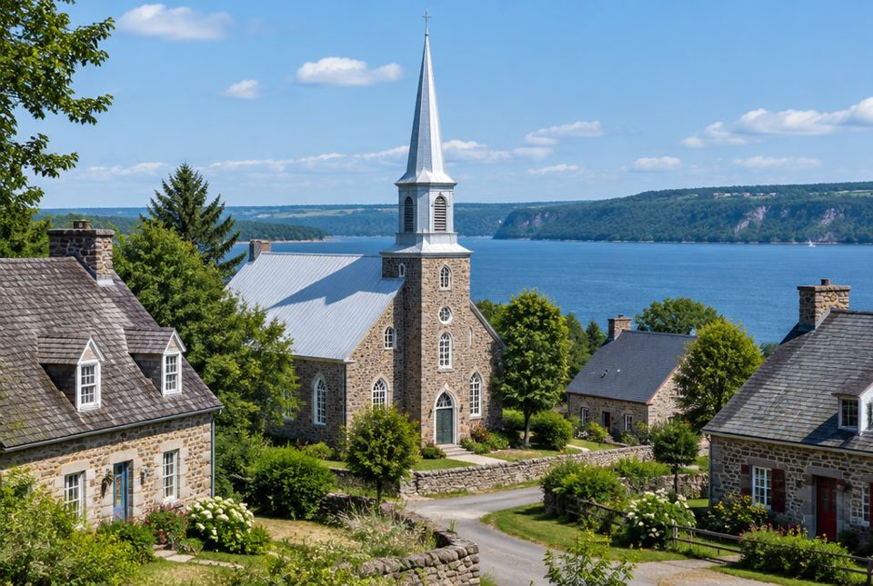 An old stone church with a tall silver steeple among old stone houses in a village beside the St. Lawrence River.
