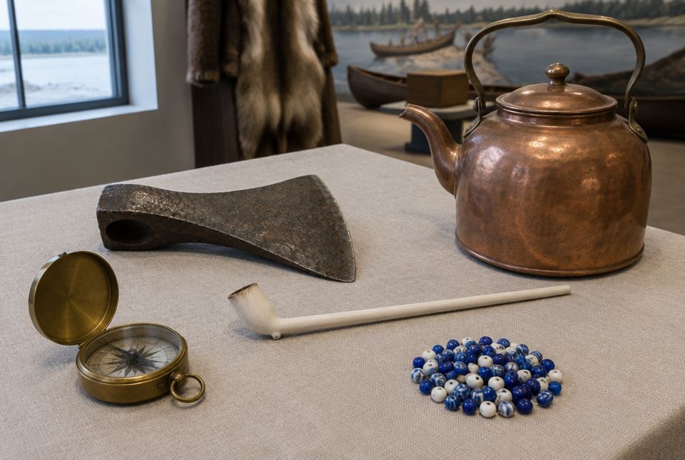 Objects from the 1700s fur-trade era displayed on a museum table: a brass compass, an iron axe head, a white clay pipe, blue and white glass beads and a copper kettle.
