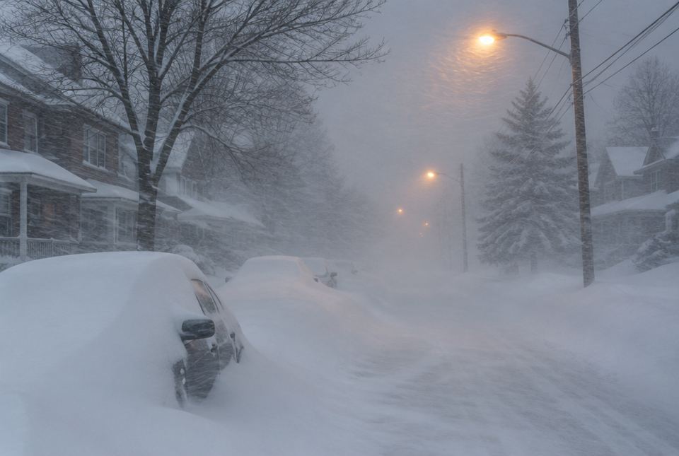 A town street in a heavy blizzard, with cars buried in snow drifts and streetlights glowing through blowing snow.