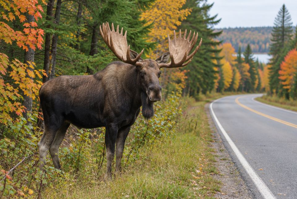A bull moose with wide antlers standing at the edge of a forest highway with autumn colours.