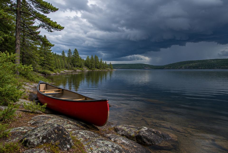 A red canoe pulled up on a rocky lakeshore in a pine forest while dark storm clouds gather over the far side of the lake.