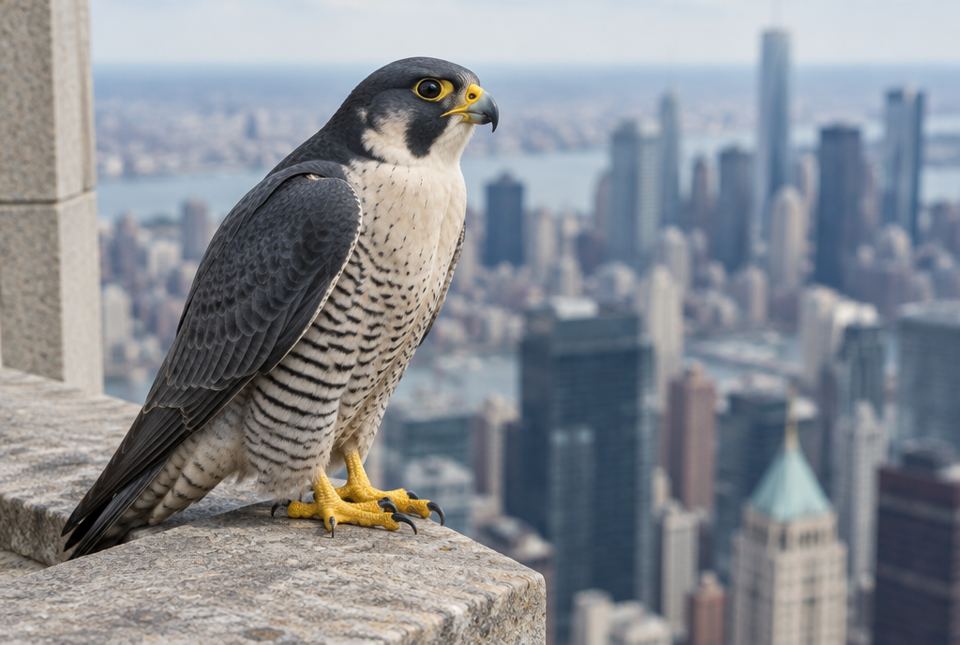 A peregrine falcon with a grey back, barred pale chest and dark head markings perched on the ledge of a tall building above a city.