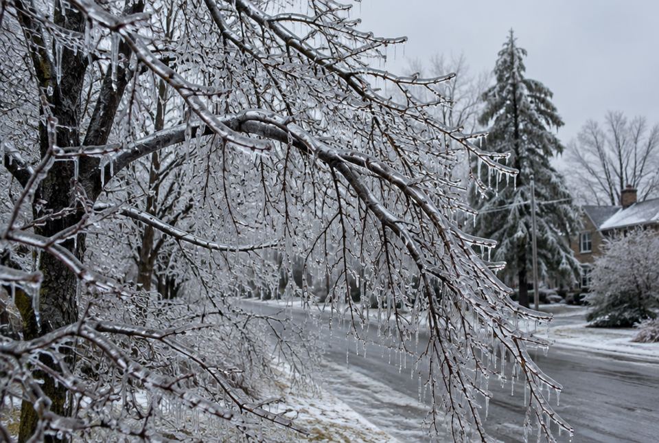 Tree branches coated in thick, clear ice and hanging icicles after an ice storm on a quiet town street.