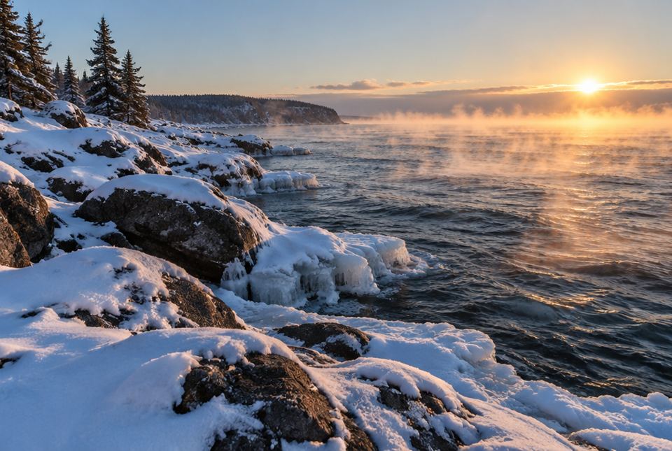 Snow-covered rocks and ice along the shore of Lake Superior on a frosty winter morning, with steam rising from the water.