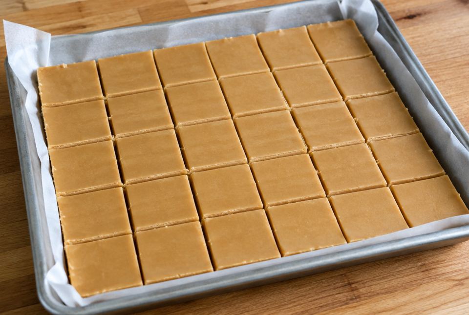 A baking tray of light brown maple fudge cut into square pieces in rows.