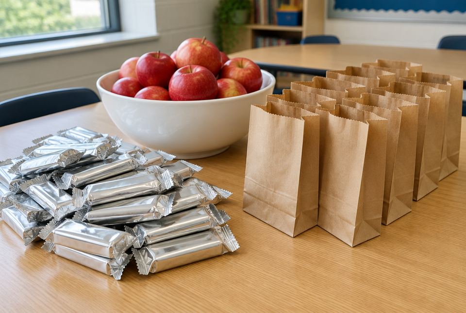 A pile of granola bars in silver wrappers, a bowl of red apples, and a row of brown paper snack bags on a classroom table.