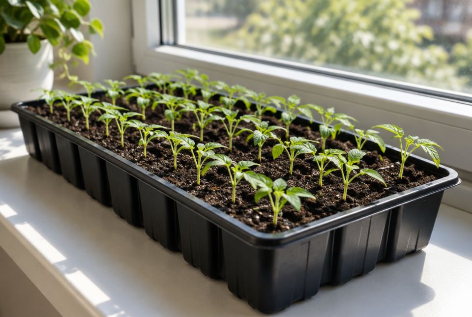 A black plastic seed tray full of soil and small green seedlings on a sunny windowsill.