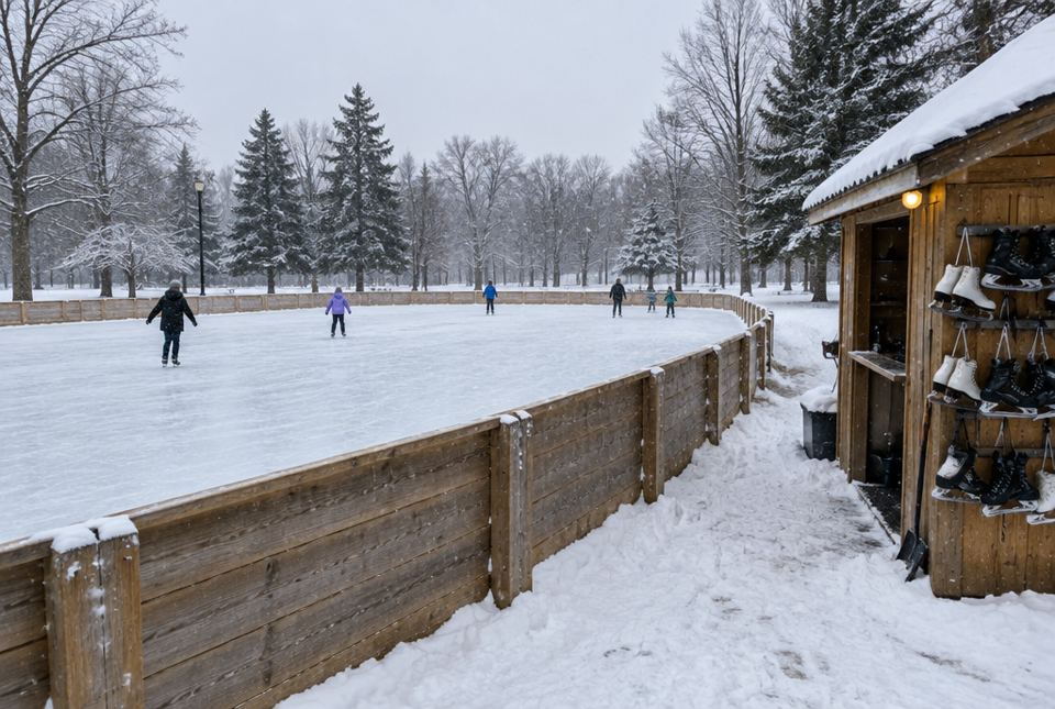 An outdoor skating rink with wooden boards in a snowy park, with a small hut where pairs of rental skates hang.