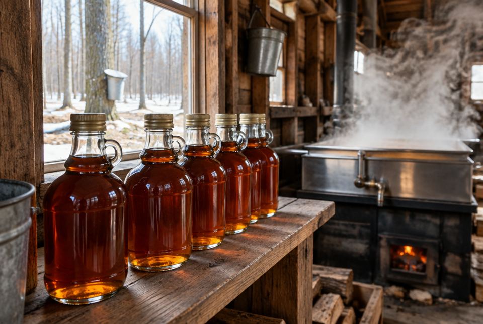 Bottles of amber maple syrup lined up on a wooden shelf in a sugar shack, with a steaming evaporator pan behind them.
