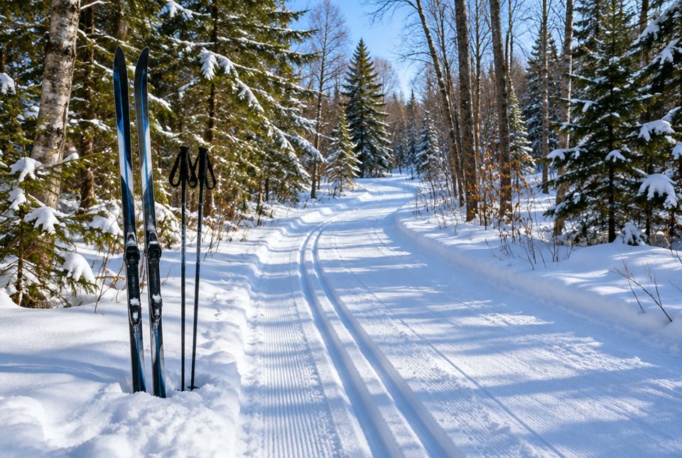 A groomed cross-country ski trail with two parallel tracks through a snowy forest, with skis and poles standing in the snow.