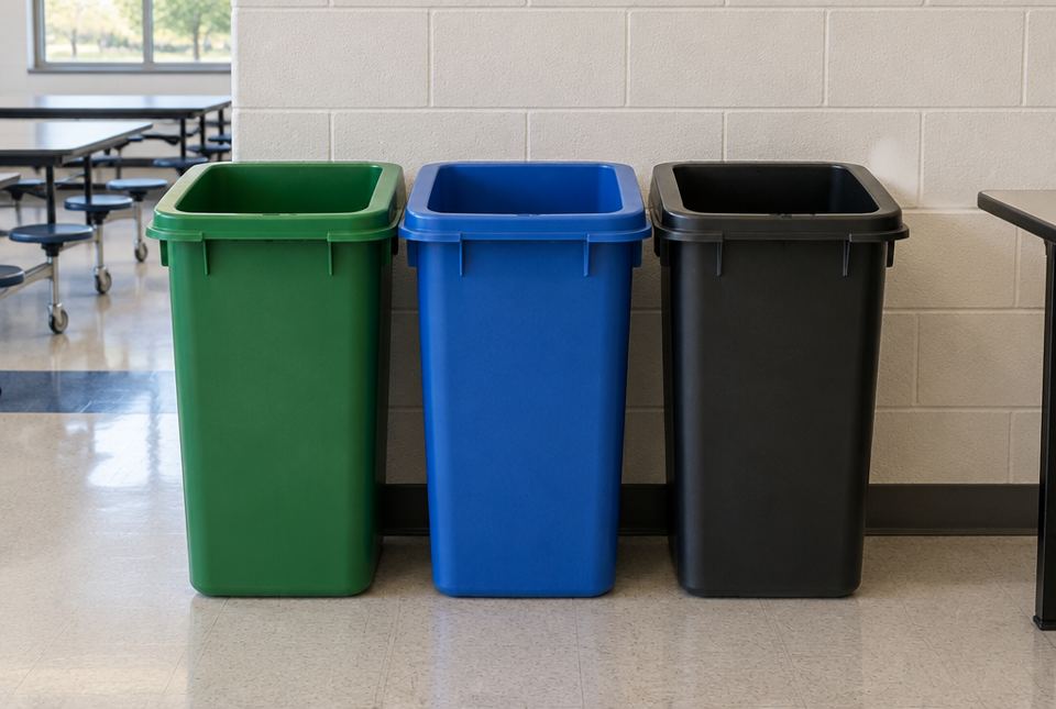 A green bin, a blue bin and a black bin side by side against a wall in a school lunchroom.