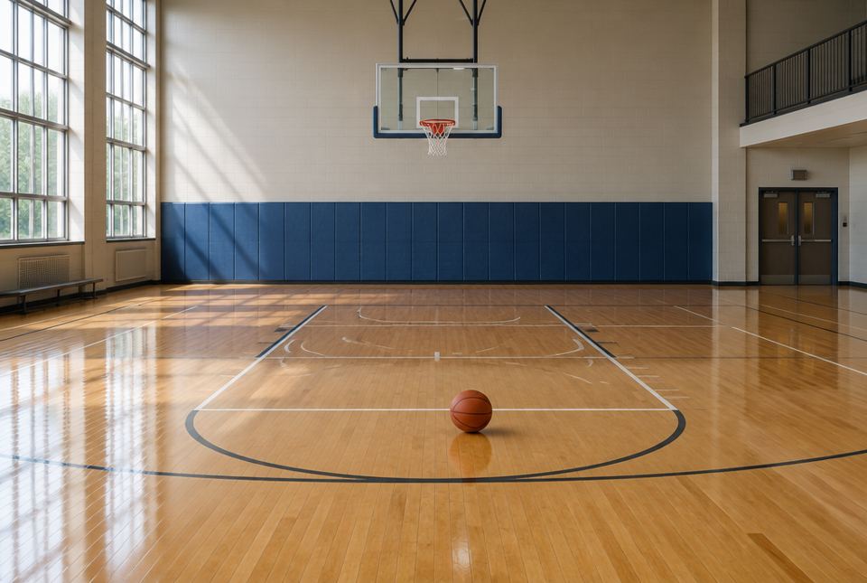 A basketball resting on the floor of an empty school gym, with a hoop in the background.
