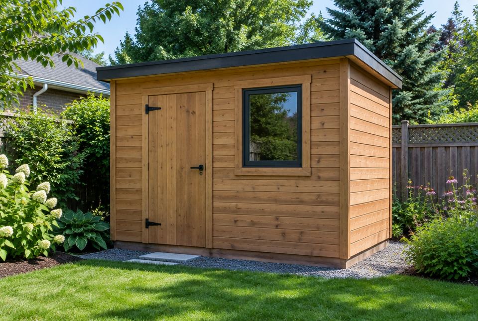 A small wooden garden shed with a flat roof, one door and one window, in a backyard garden.
