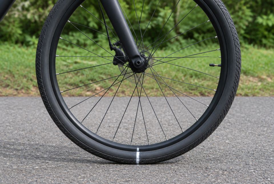 A bicycle wheel on a paved path with a white chalk mark on the tire where it touches the ground.