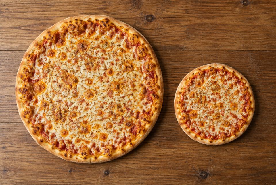 A large cheese pizza and a small cheese pizza about half as wide, side by side on a wooden table, seen from above.