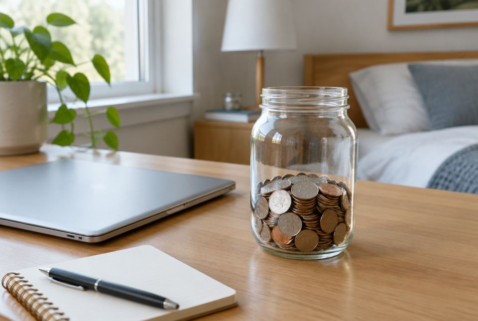 A glass jar partly filled with coins on a desk beside a closed laptop and a notebook.