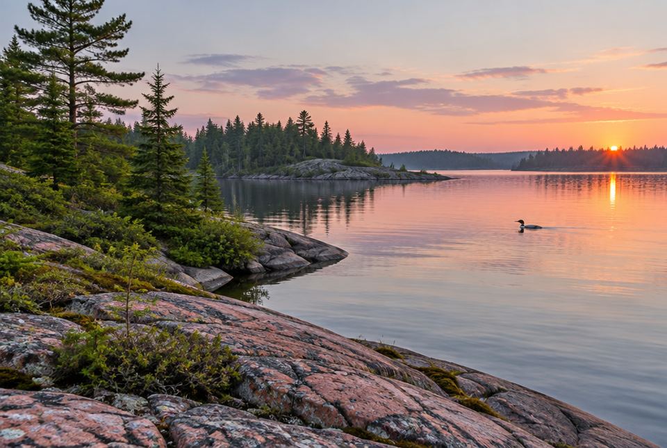 A calm lake at dawn with pink granite rocks, spruce and pine forest, and a loon swimming.