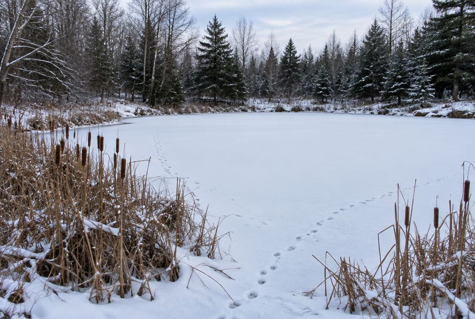 A snow-covered frozen pond with brown cattails along the shore and animal tracks across the snow.
