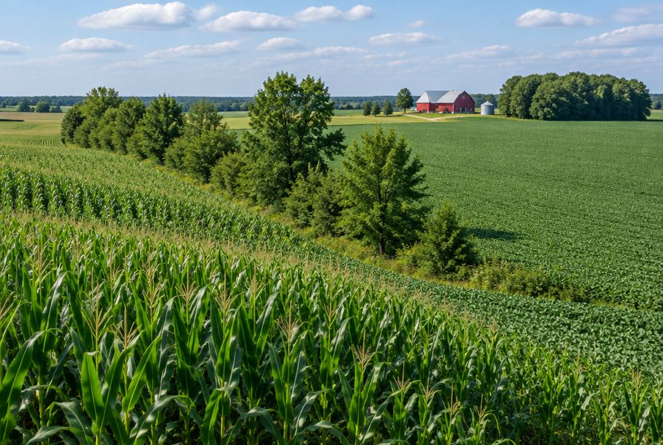 Southern Ontario farm fields of corn and soybeans divided by a row of trees, with a red barn in the distance.