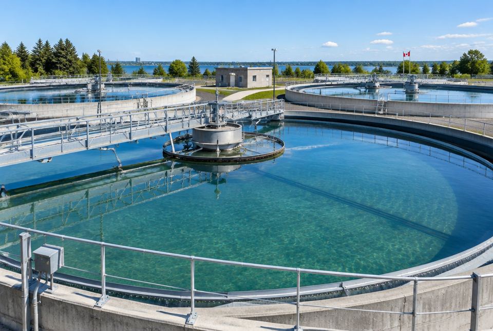 Large round tanks of clear water with metal walkways at a water treatment plant.
