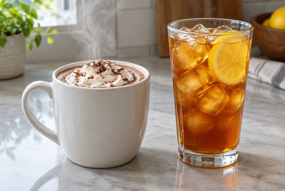 A mug of hot chocolate topped with cream next to a glass of iced tea with ice and lemon.