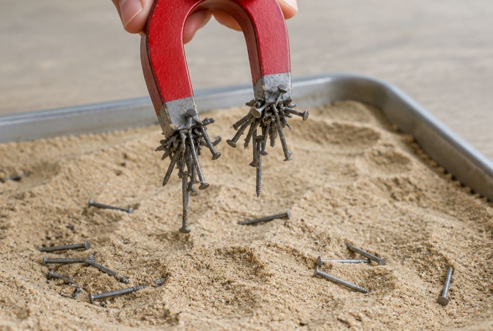 A red horseshoe magnet lifting iron nails out of a tray of sand.