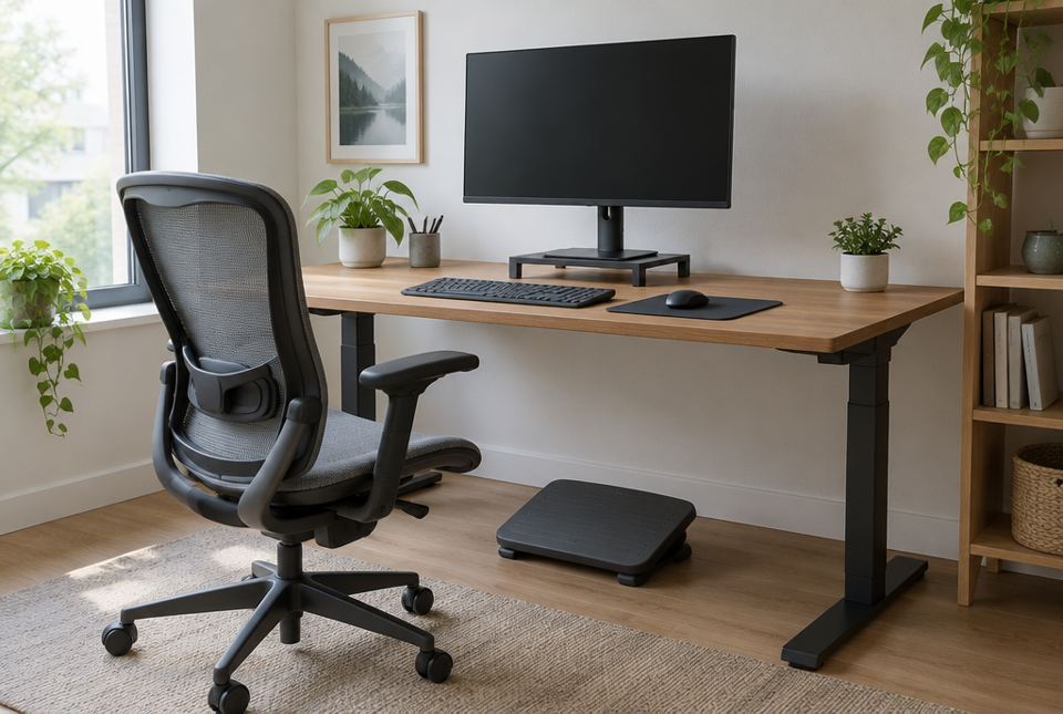 A home desk with an adjustable office chair, a monitor raised on a stand, a separate keyboard and mouse, and a footrest under the desk.