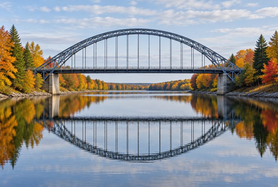 A steel arch bridge over a calm river, seen straight on, with autumn trees on both banks and its reflection in the water.