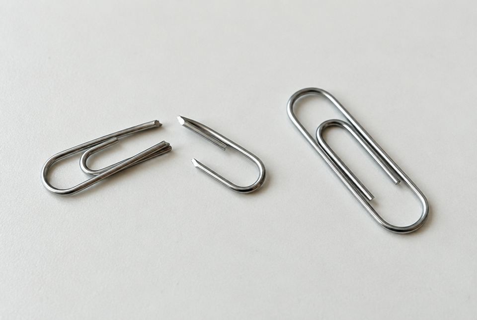 A paper clip broken into two pieces at a bend, lying next to a whole paper clip on a white desk.