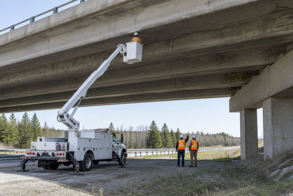 A bucket truck raises an inspector under a concrete highway overpass while two workers in hard hats and safety vests look up at the bridge.