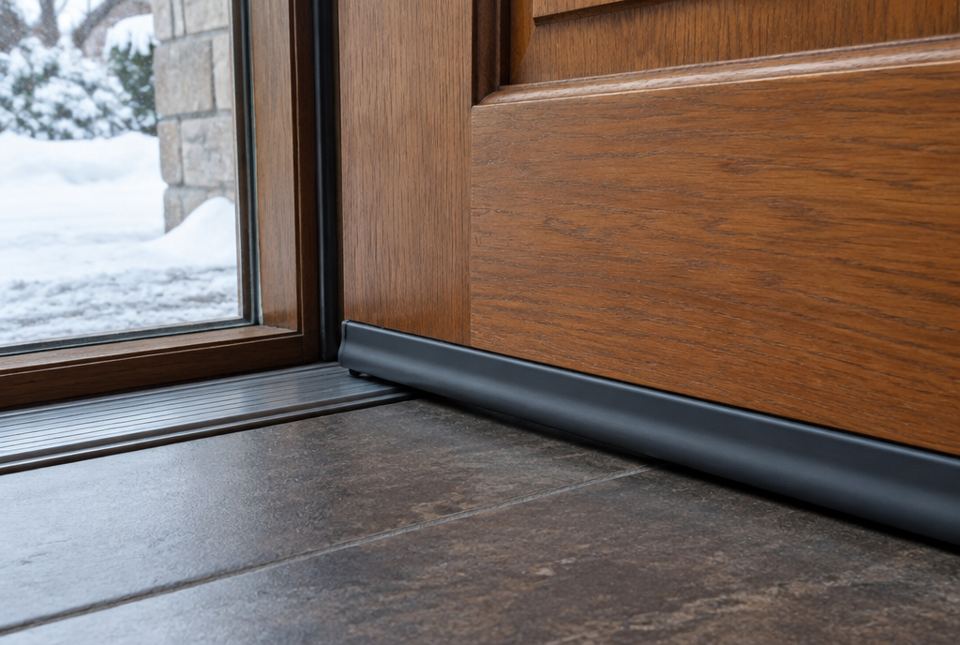 Close-up of a rubber door sweep sealing the gap under a wooden front door, with snow outside.