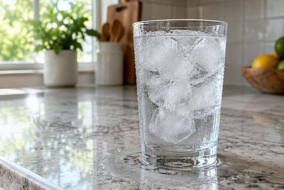 A glass full of ice cubes and water on a counter, with drops of water on the outside of the glass.