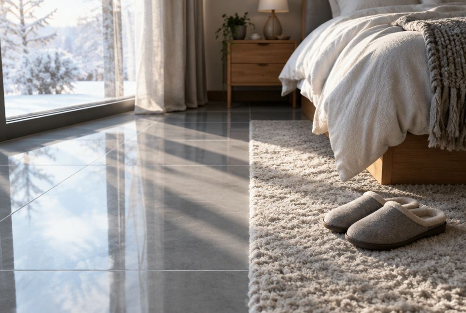 A bedroom floor where shiny grey tiles meet a thick wool rug with slippers on it.