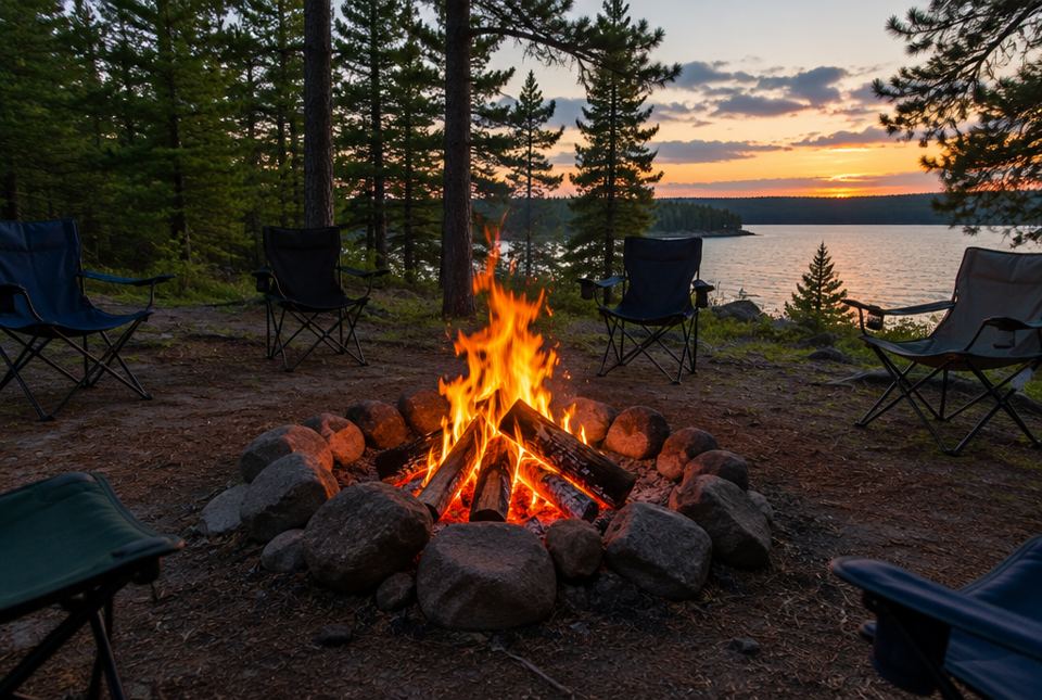 A campfire in a ring of stones at a lakeside campsite, with empty camp chairs around it.