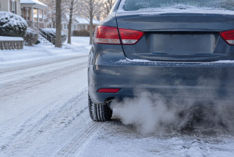 A car on a snowy street on a cold morning with a white cloud coming out of its tailpipe.