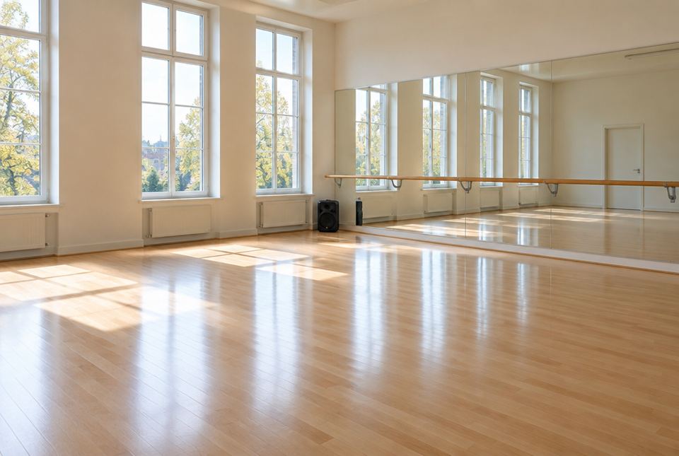 An empty dance studio with a wooden floor, a wall mirror, a ballet barre and a speaker.