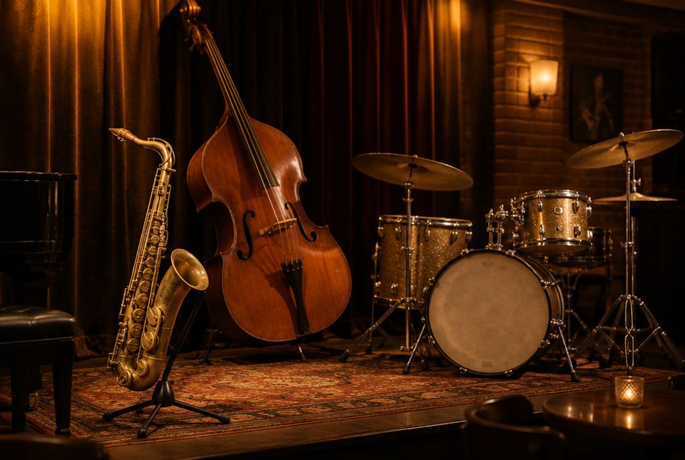A small club stage with a saxophone, an upright bass and a drum kit under warm light.