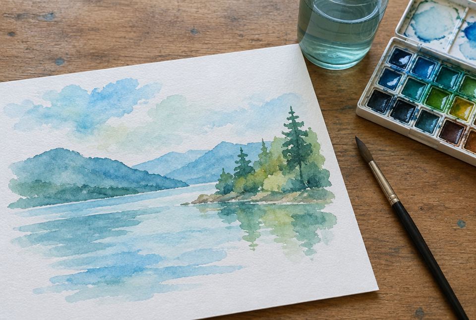 A watercolour landscape in blues and greens on white paper, next to a paint box, a brush and a cup of water.