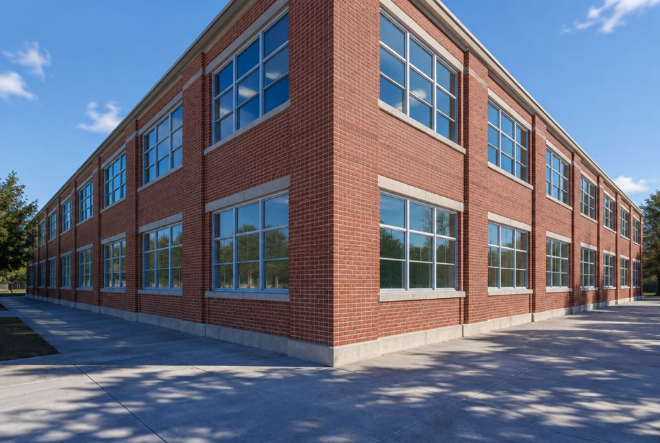 The corner of a red brick school building, with both walls and rows of windows receding to the left and right.