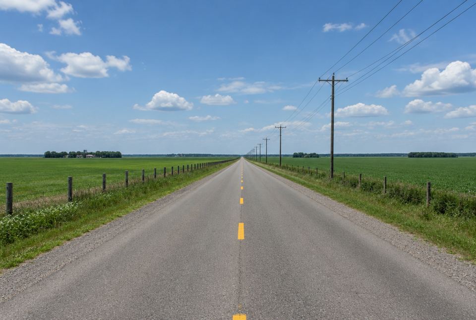 A long straight country road between green fields, with its edges, fence posts and power lines meeting in the distance.