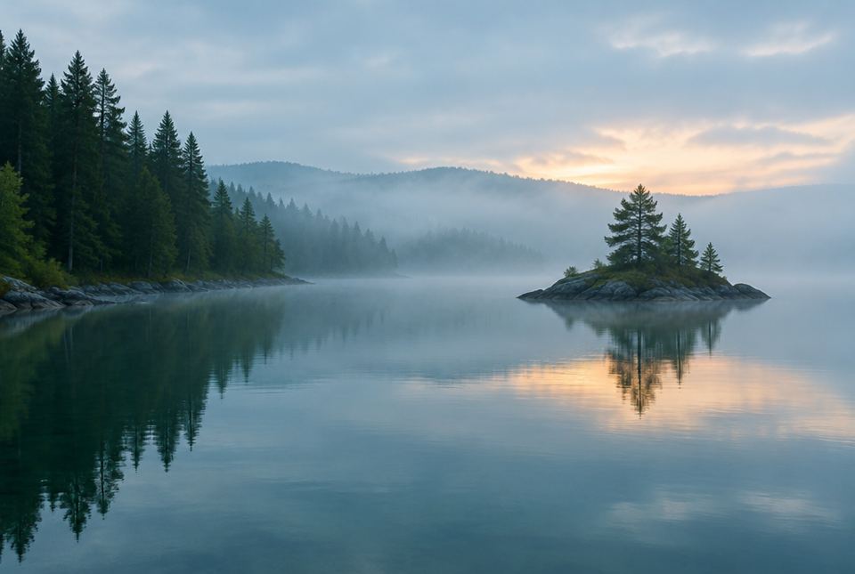 A misty lake at dawn with a small rocky island of pine trees reflected in still water.