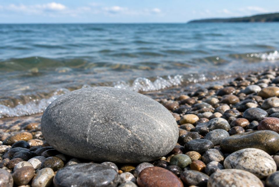 A large smooth grey stone resting on a pebble beach by a lake.