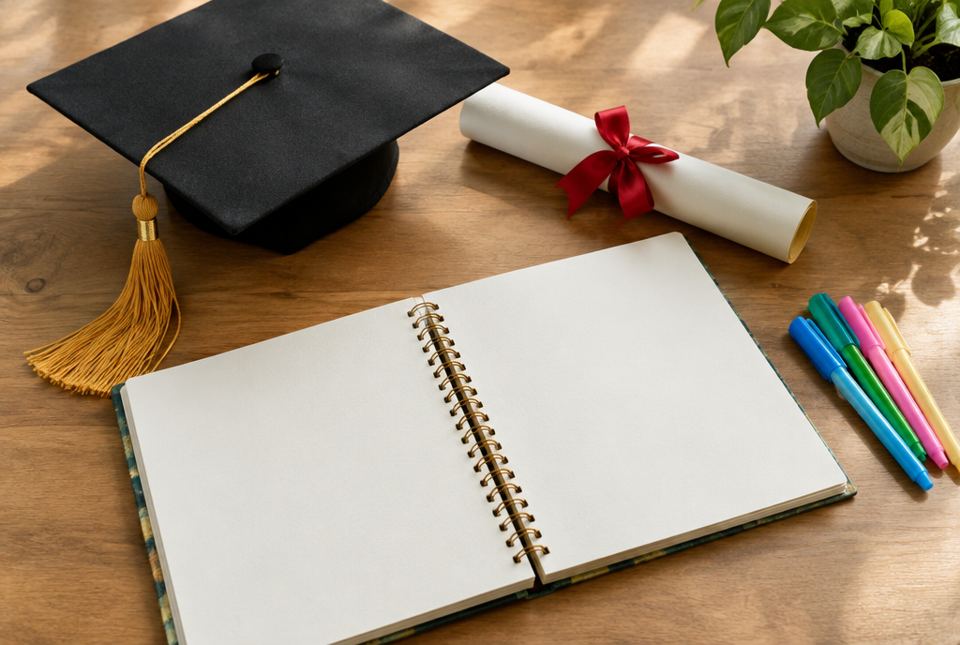 A graduation cap with a gold tassel, a rolled diploma tied with a red ribbon and an open scrapbook with blank pages and coloured pens.
