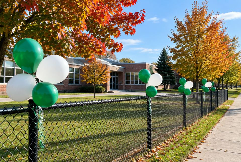 Green and white balloons tied to a fence in front of a brick school, with maple trees turning red and orange.