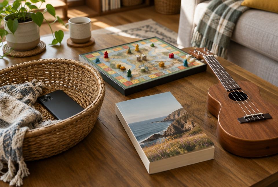 A smartphone lying face down in a wicker basket beside a board game, a book and a ukulele on a coffee table.