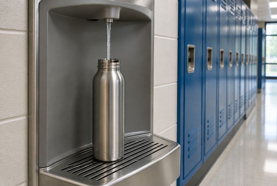 A stainless steel water bottle being filled at a school hallway bottle-filling station, with blue lockers behind.