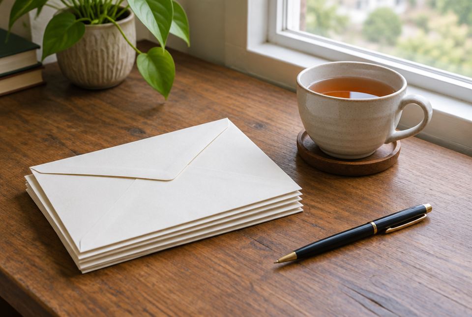 A stack of envelopes, a pen and a cup of tea on a wooden desk beside a window.