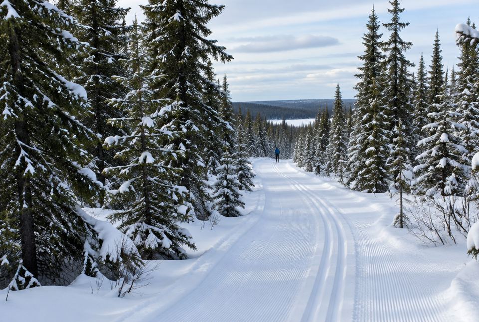 Groomed cross-country ski tracks winding through a snowy spruce forest, with one skier far in the distance.