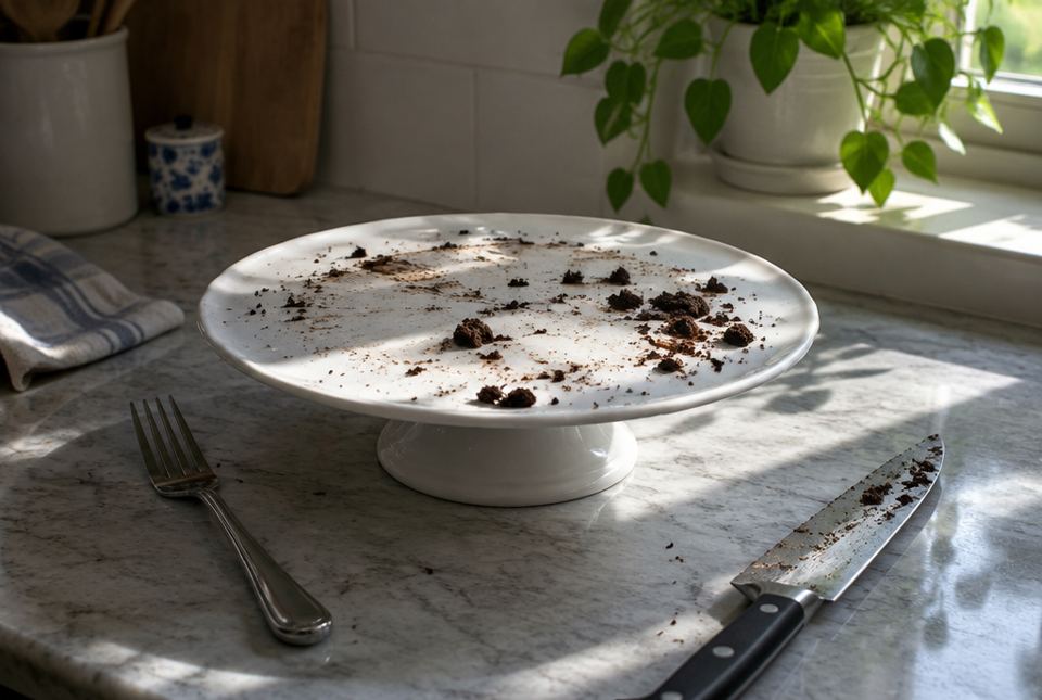 An empty cake stand covered in chocolate crumbs, with a fork and a knife on a kitchen counter.
